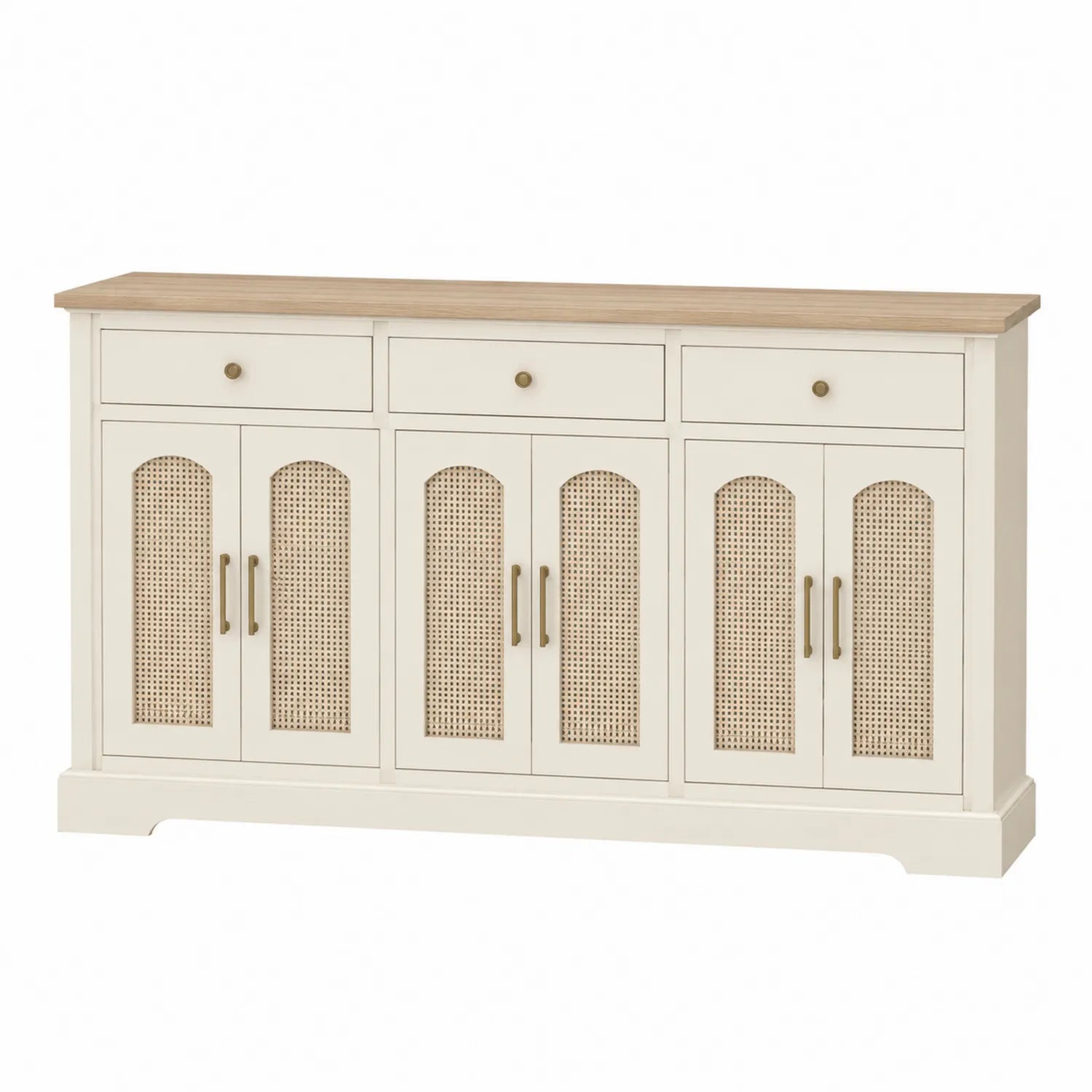 Credenza in Legno con Ante in Rattan e Cassetti, 150x40x85 cm
