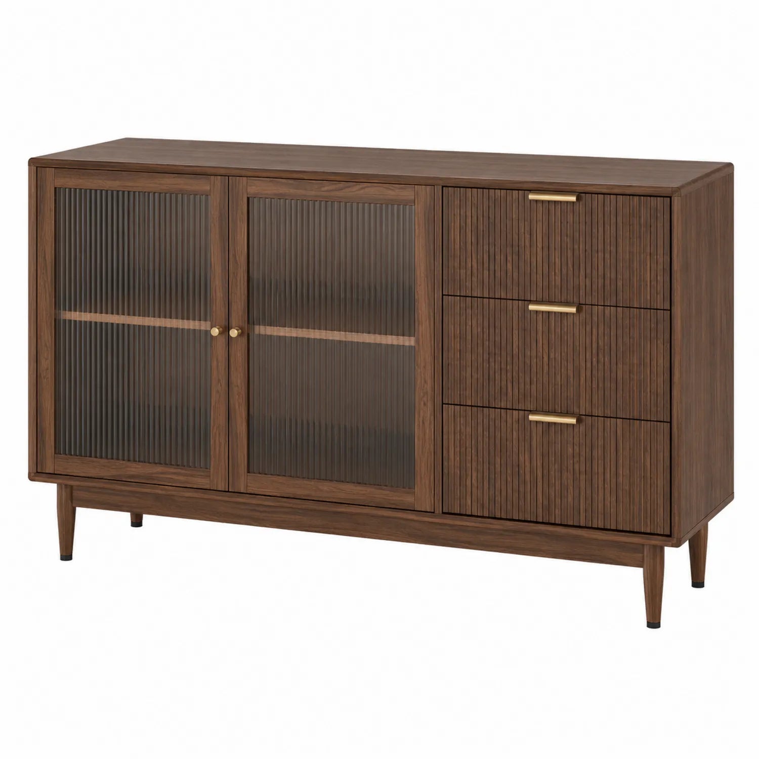 Credenza in legno con porte in vetro temperato e 3 cassetti, marrone