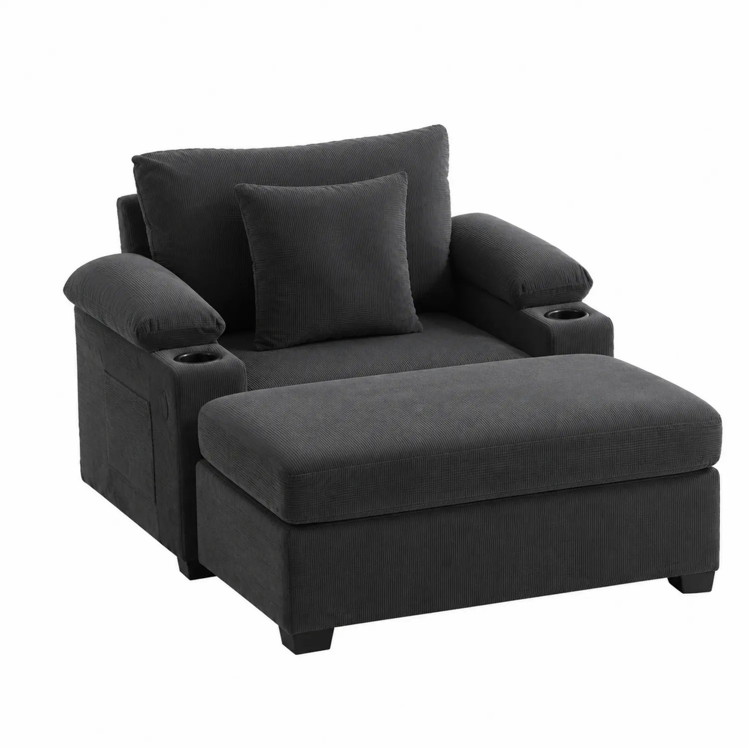 Poltrona con Pouf in Velluto a Coste Grigio Antracite e Porta Bicchieri