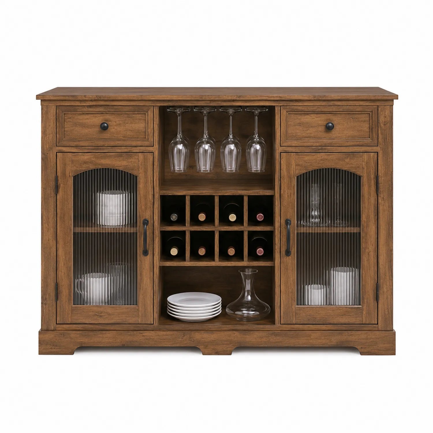 Credenza con ante in vetro scanalato e vani per vini in legno 150cm x 45cm x 90cm