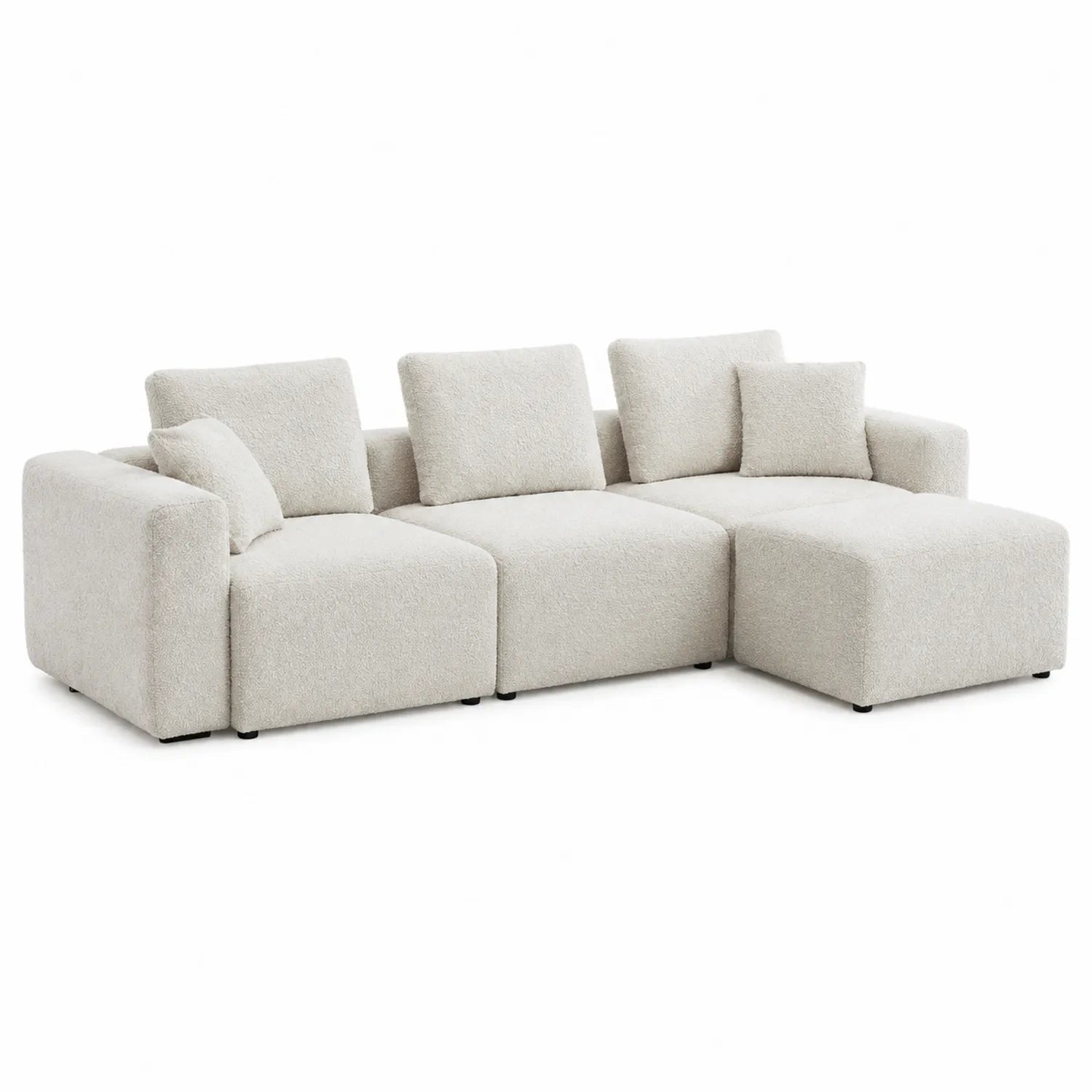 Divano Modulare in Tessuto Bouclé Beige con Chaise Longue