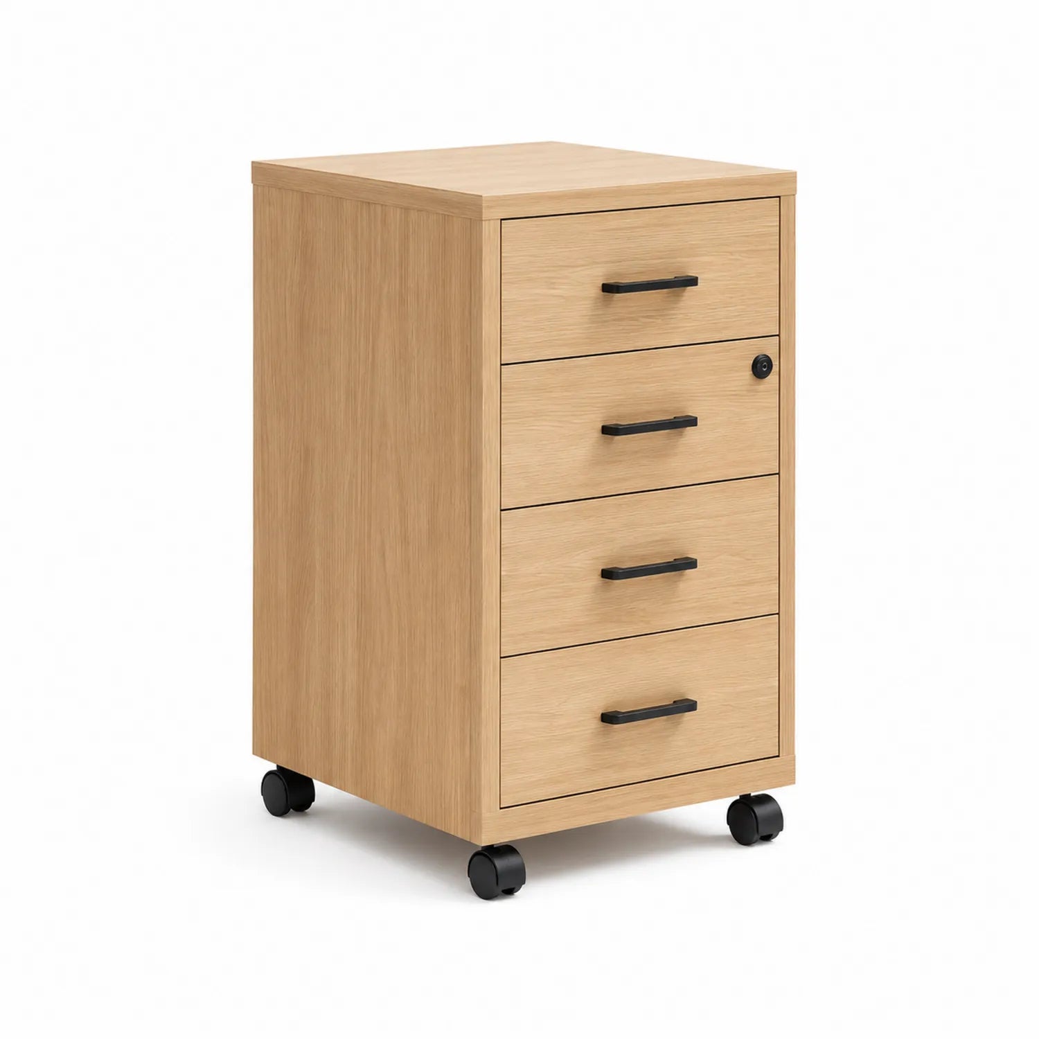 Cassettiera in Legno Chiaro con Ruote e 4 Cassetti