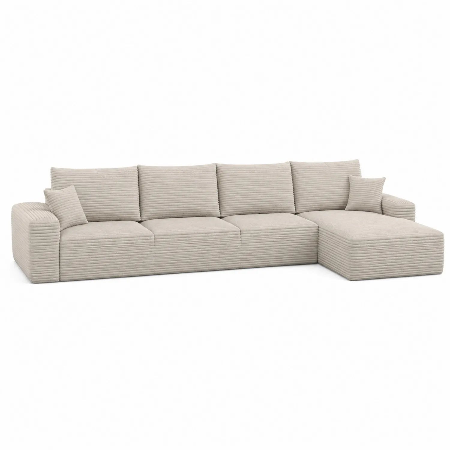 Divano angolare in velluto a coste beige con chaise longue