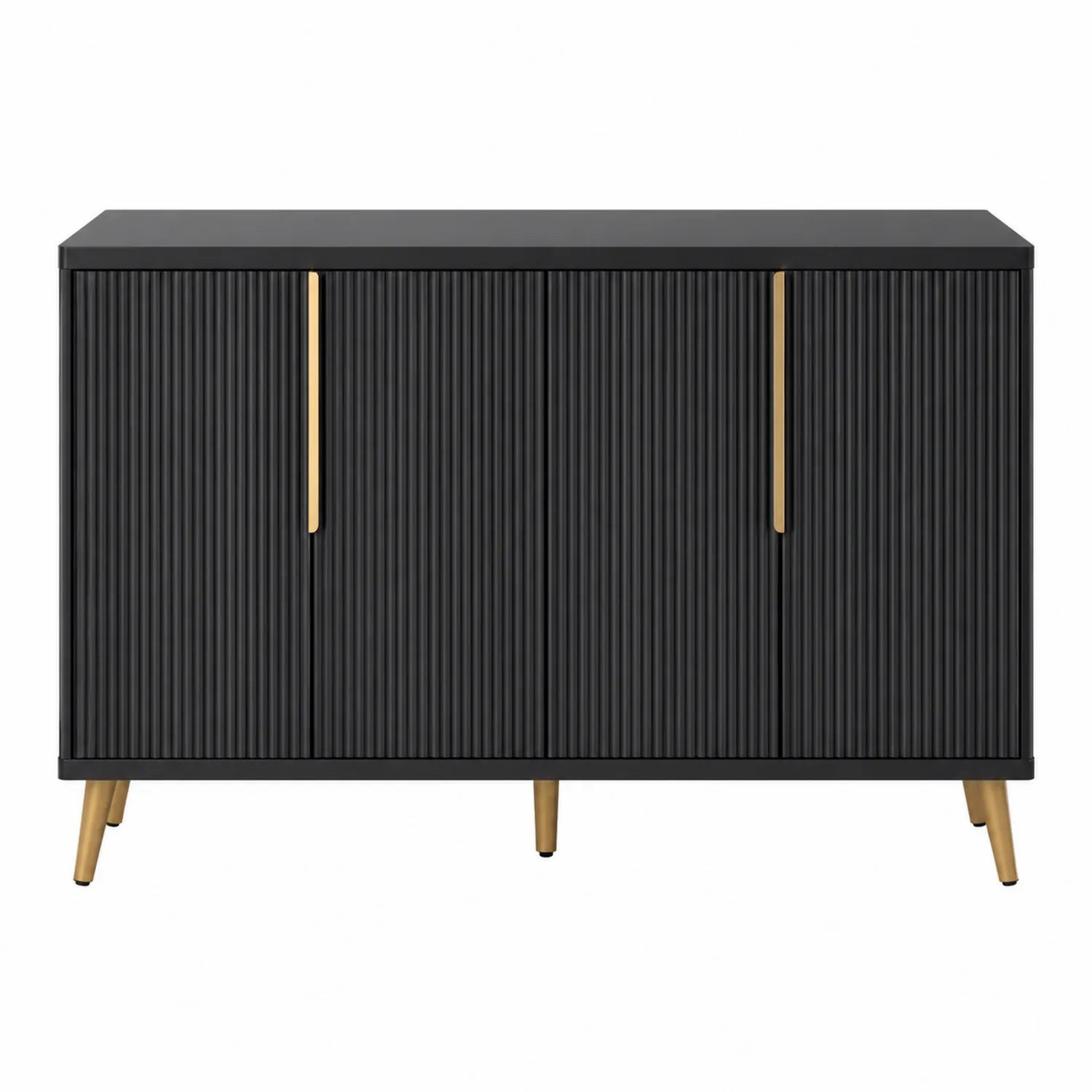 Credenza in MDF nero con maniglie dorate e gambe in metallo