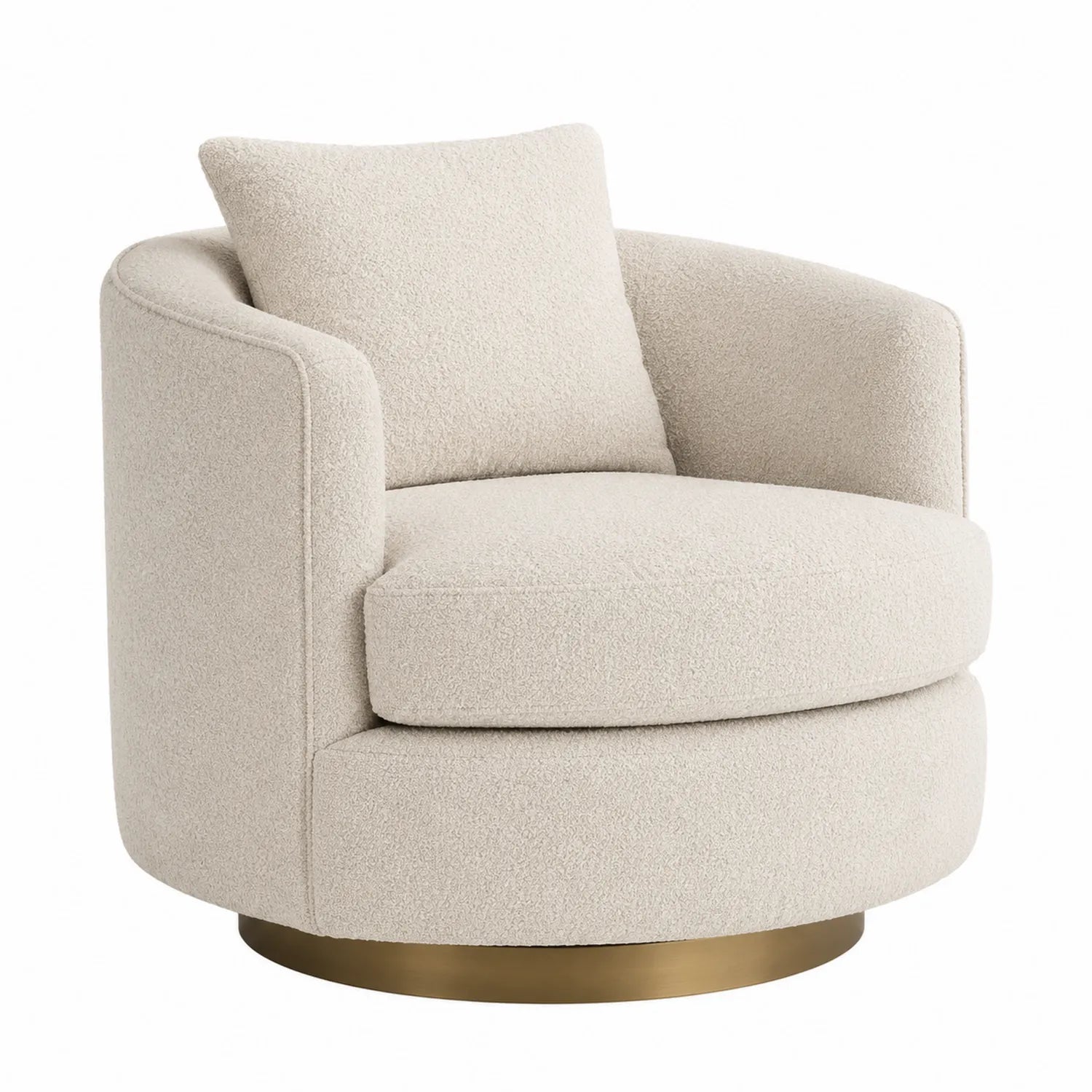 Poltrona girevole in tessuto bouclé beige con base circolare