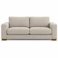 Divano tre posti in tessuto beige con cuscini in schiuma e base in legno