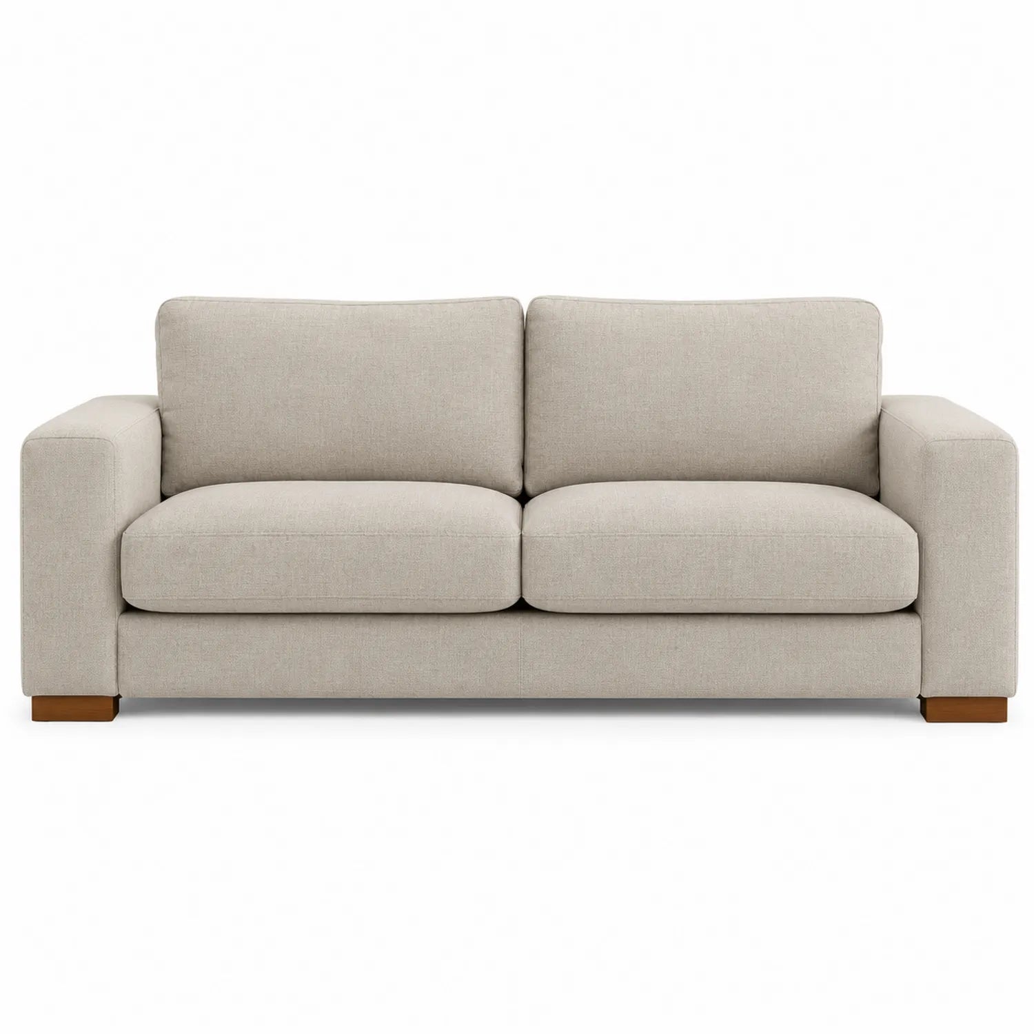 Divano tre posti in tessuto beige con cuscini in schiuma e base in legno